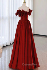 Wine Red Satin Long Evening Prom Dress Party Dress, Wine Red A-Line Long Wedding Party Dress