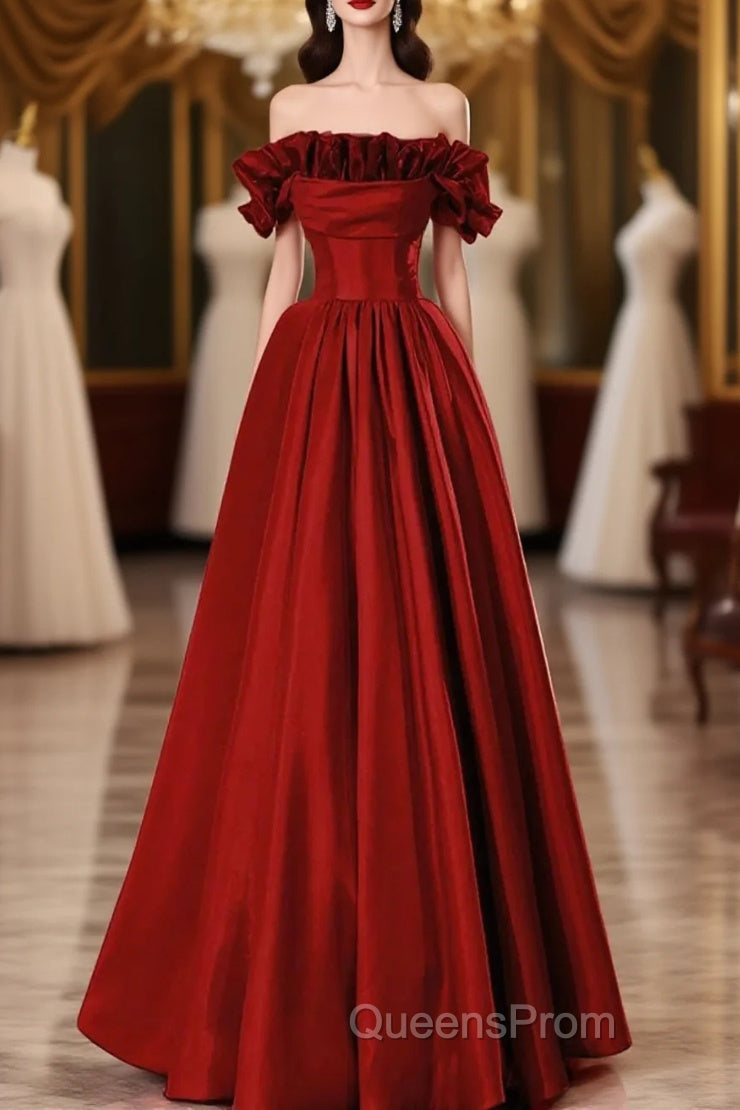 Wine Red Satin Long Evening Prom Dress Party Dress, Wine Red A-Line Long Wedding Party Dress Main image