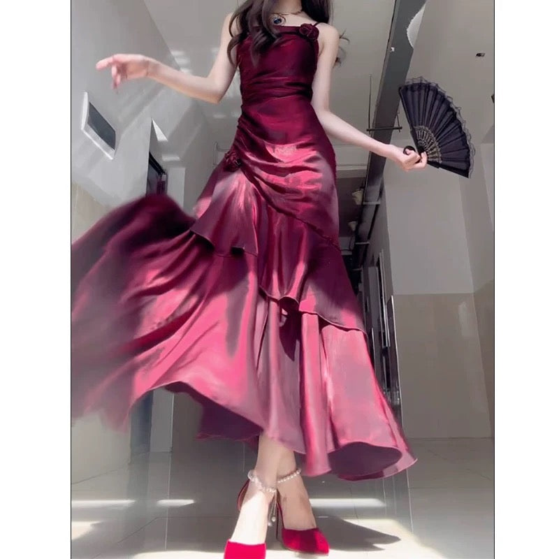 Wine Red Satin Long Straps Classy Prom Dress Wine Red A-Line Party Dress Secondary image