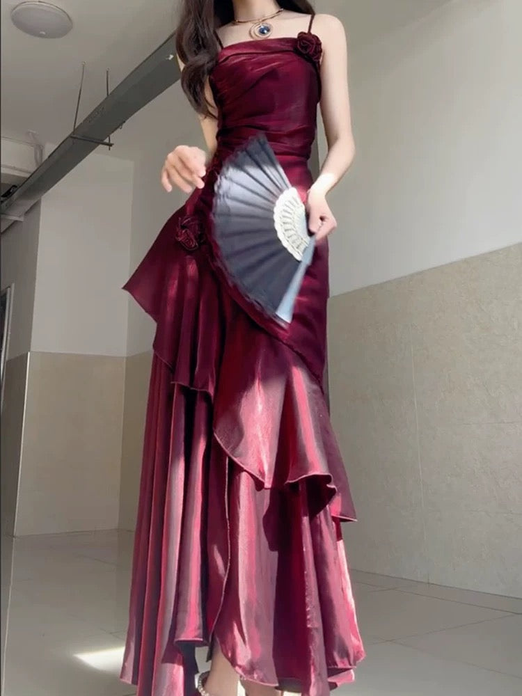 Wine Red Satin Long Straps Classy Prom Dress Wine Red A-Line Party Dress