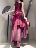 Wine Red Satin Long Straps Classy Prom Dress Wine Red A-Line Party Dress