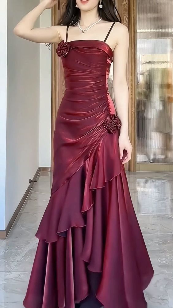 Wine Red Satin Long Straps Classy Prom Dress Wine Red A-Line Party Dress