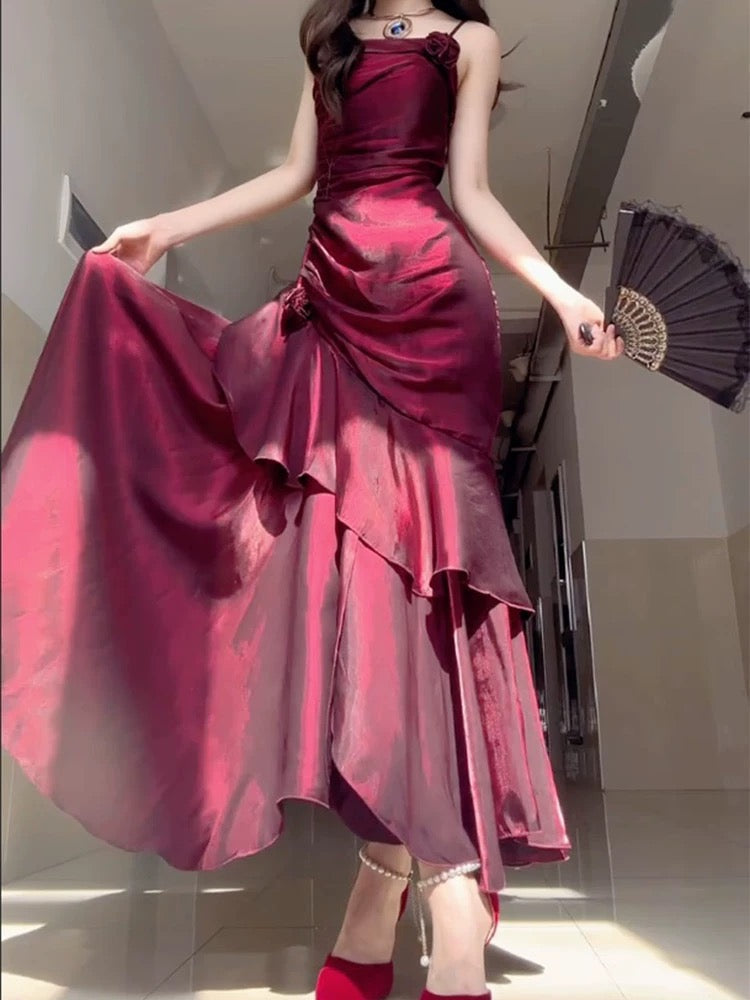 Wine Red Satin Long Straps Classy Prom Dress Wine Red A-Line Party Dress