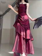 Wine Red Satin Long Straps Classy Prom Dress Wine Red A-Line Party Dress