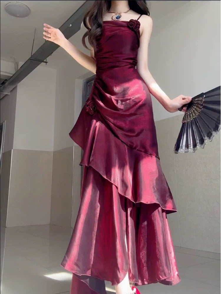 Wine Red Satin Long Straps Classy Prom Dress Wine Red A-Line Party Dress