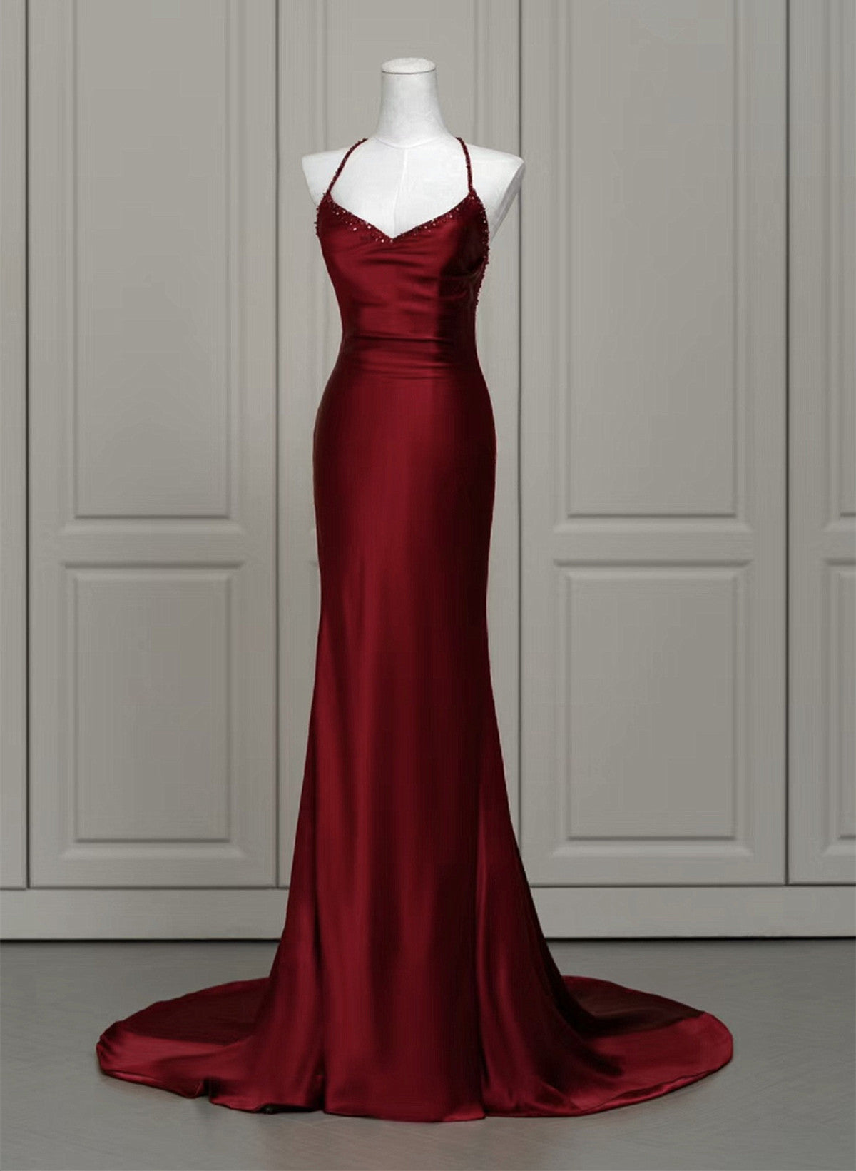 Wine Red Satin Mermaid Straps Low Back Classy Prom Dress, Wine Red Classy Evening Dress Main image