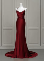 Wine Red Satin Mermaid Straps Low Back Classy Prom Dress, Wine Red Classy Evening Dress