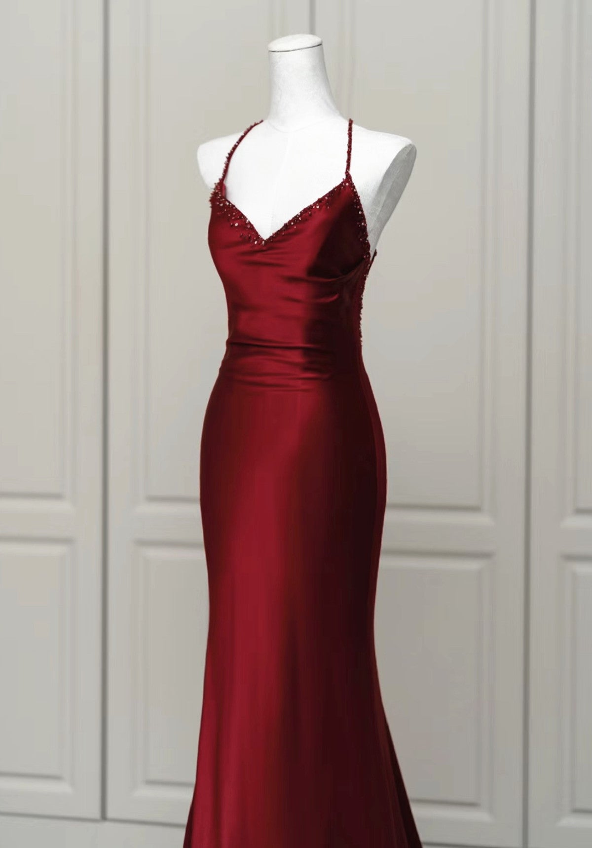 Wine Red Satin Mermaid Straps Low Back Classy Prom Dress, Wine Red Classy Evening Dress Secondary image