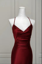 Wine Red Satin Mermaid Straps Low Back Classy Prom Dress, Wine Red Classy Evening Dress