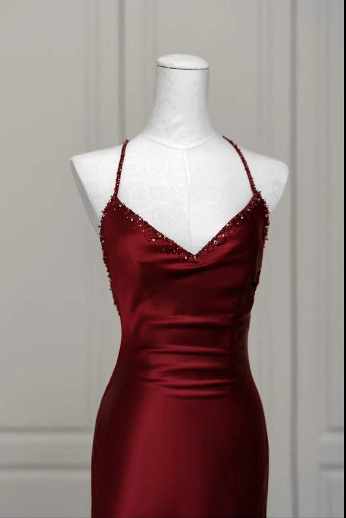 Wine Red Satin Mermaid Straps Low Back Classy Prom Dress, Wine Red Classy Evening Dress