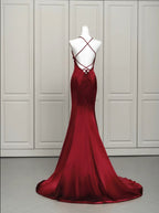 Wine Red Satin Mermaid Straps Low Back Classy Prom Dress, Wine Red Classy Evening Dress