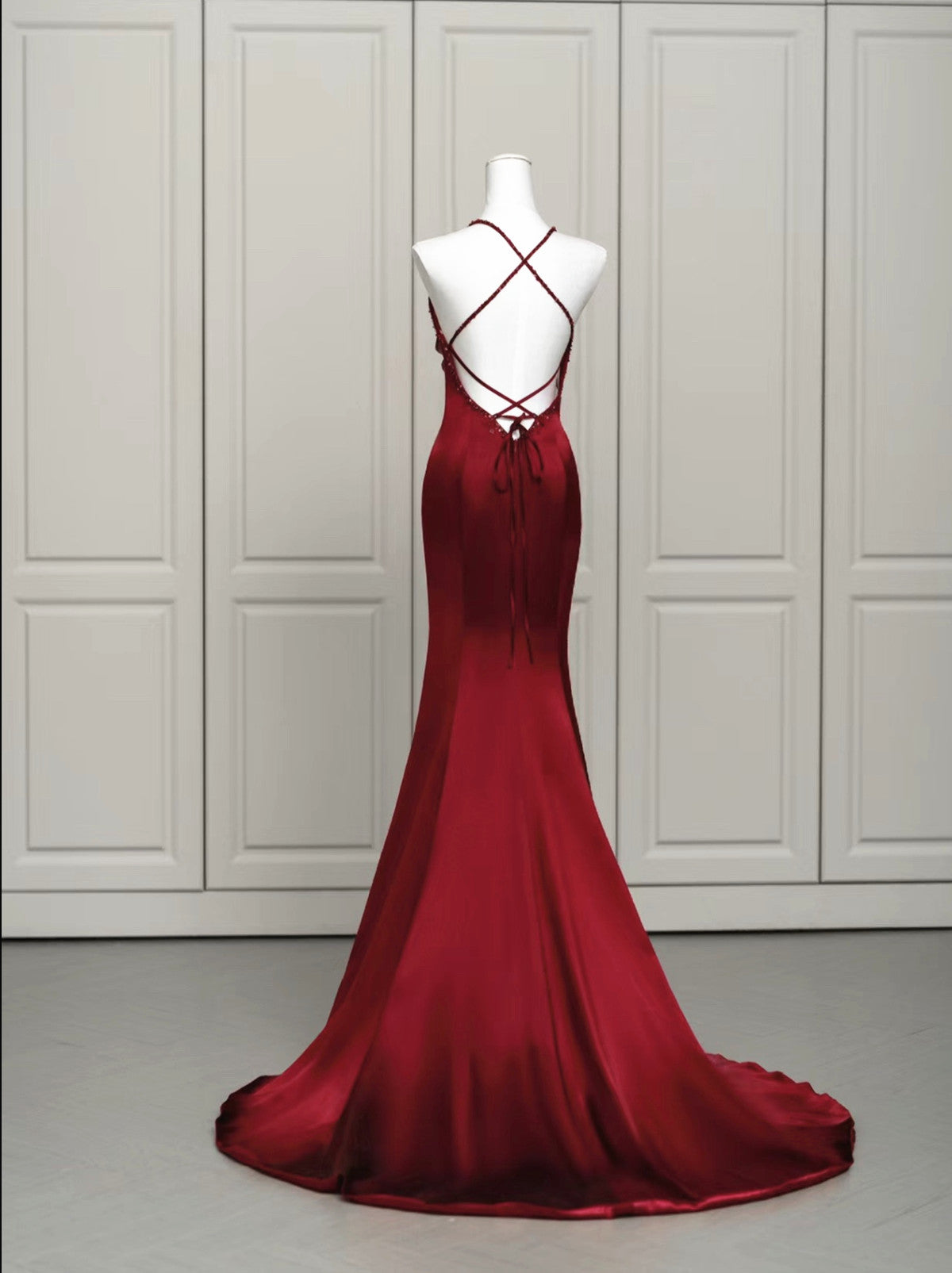 Wine Red Satin Mermaid Straps Low Back Classy Prom Dress, Wine Red Classy Evening Dress