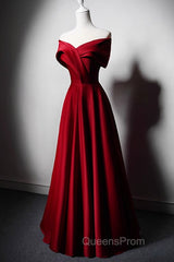 Wine Red Satin Off Shoulder A-Line Party Dress, Wine Red Long Formal Dress Evening Prom Dress