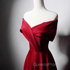 Wine Red Satin Off Shoulder A-Line Party Dress, Wine Red Long Formal Dress Evening Prom Dress
