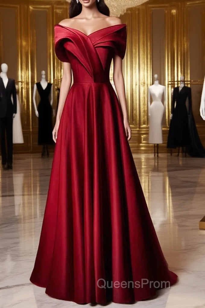 Wine Red Satin Off Shoulder A-Line Party Dress, Wine Red Long Formal Dress Evening Prom Dress Main image
