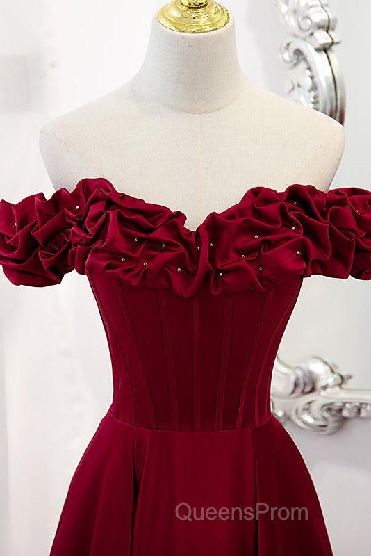 Wine Red Satin Off Shoulder Beaded Long Formal Dress, Wine Red A-Line Evening Prom Dress Secondary image