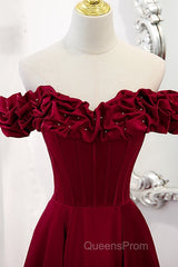 Wine Red Satin Off Shoulder Beaded Long Formal Dress, Wine Red A-Line Evening Prom Dress
