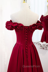 Wine Red Satin Off Shoulder Beaded Long Formal Dress, Wine Red A-Line Evening Prom Dress