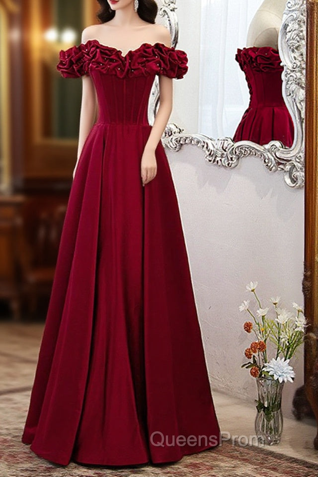 Wine Red Satin Off Shoulder Beaded Long Formal Dress, Wine Red A-Line Evening Prom Dress Main image