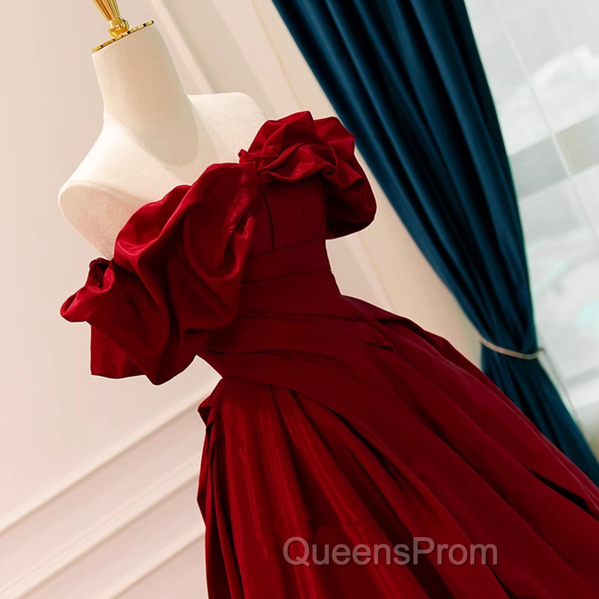 Wine Red Satin Off Shoulder Chic Long Party Dress, Wine Red Sweetheart Evening Prom Dress Secondary image