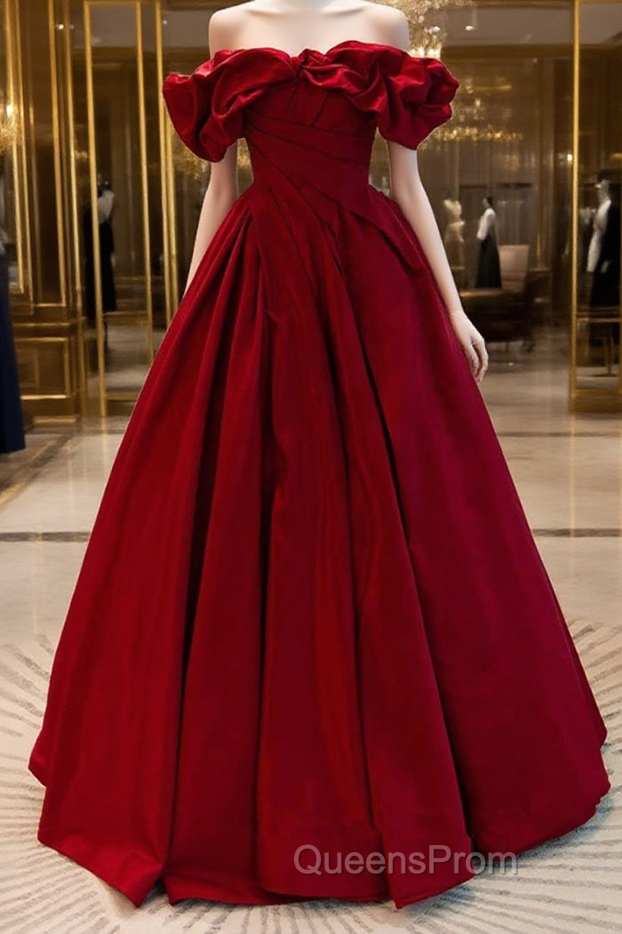 Wine Red Satin Off Shoulder Chic Long Party Dress, Wine Red Sweetheart Evening Prom Dress Main image