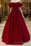 Wine Red Satin Off Shoulder Chic Long Party Dress, Wine Red Sweetheart Evening Prom Dress