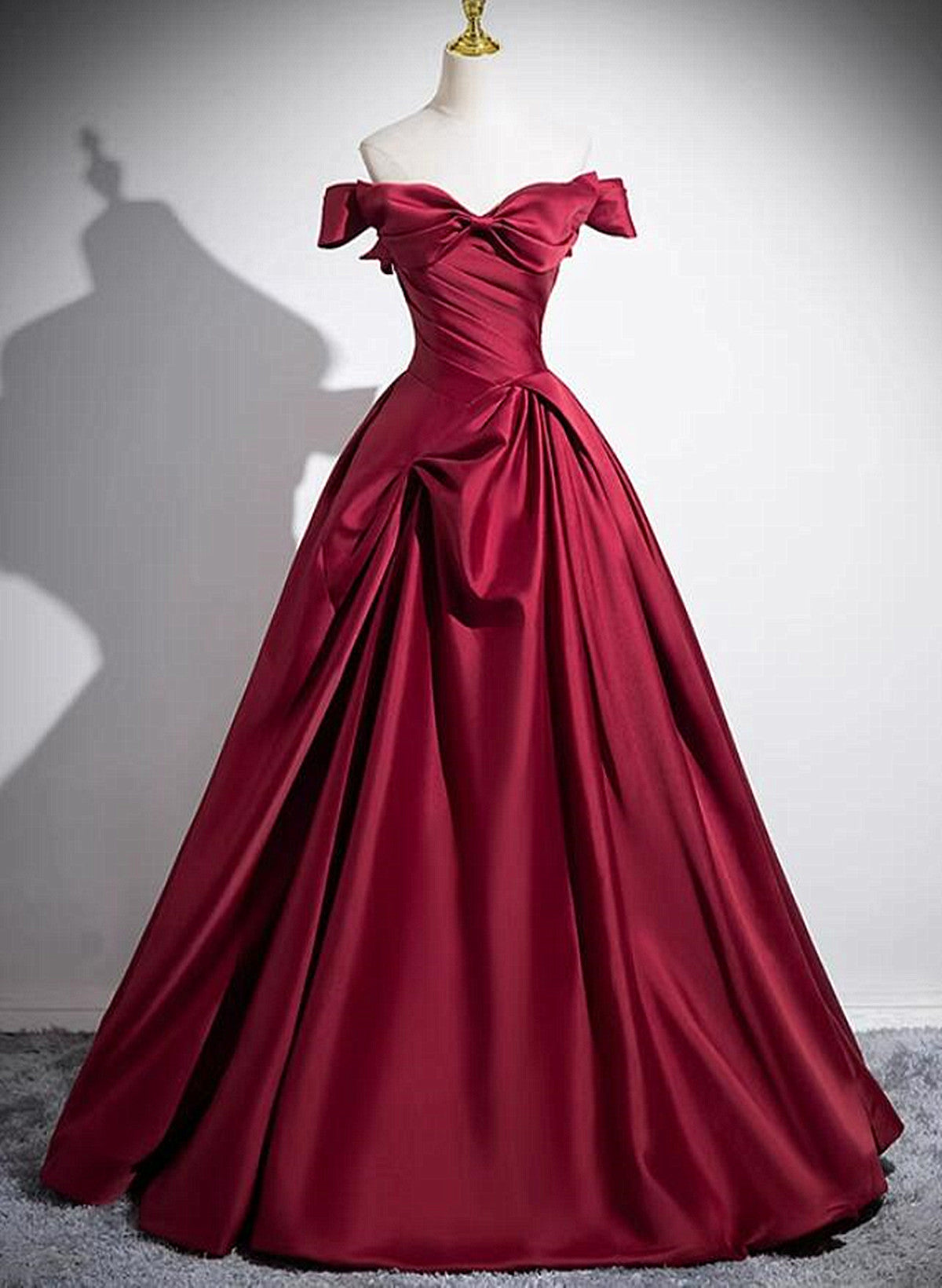 Wine Red Satin Off Shoulder Floor Length Party Dress, Wine Red Long Classy Prom Dress Main image