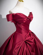 Wine Red Satin Off Shoulder Floor Length Party Dress, Wine Red Long Classy Prom Dress