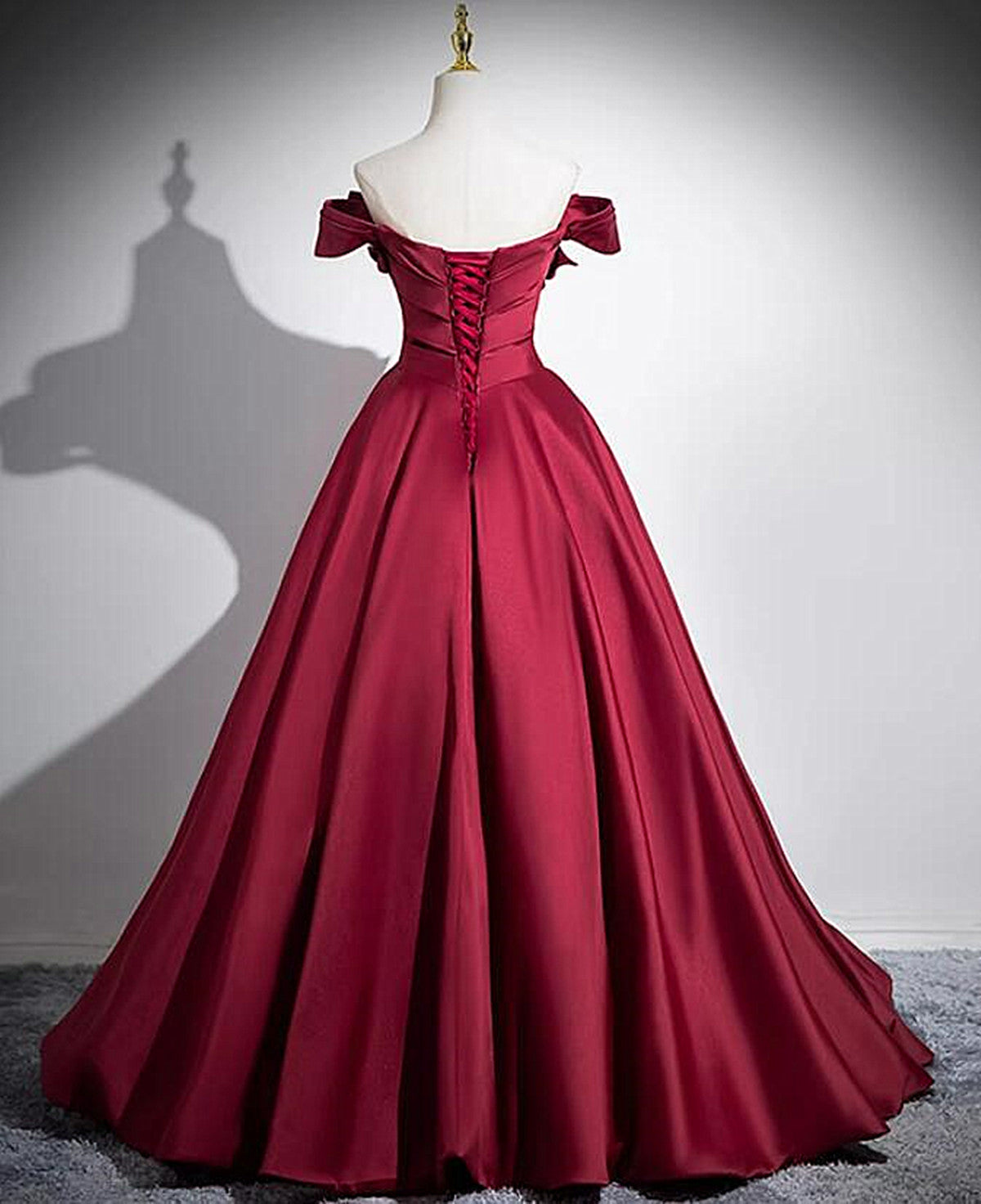 Wine Red Satin Off Shoulder Floor Length Party Dress, Wine Red Long Classy Prom Dress
