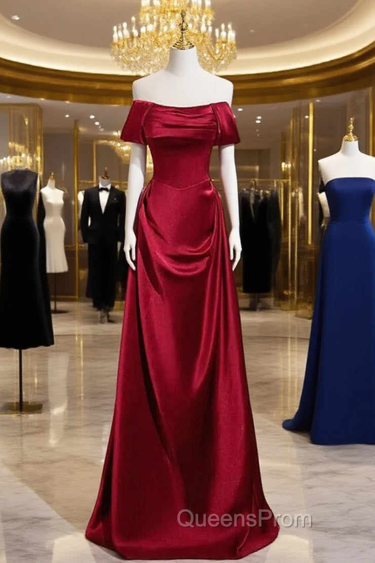 Wine Red Satin Off Shoulder Long Party Dress, A-Line Satin Evening Prom Dress Main image
