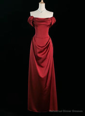 Wine Red Satin Off Shoulder Long Party Dress, Wine Red Satin Prom Dress