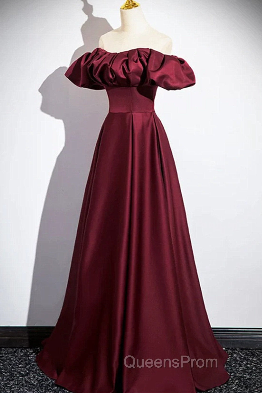 Wine Red Satin Off Shoulder Long Party Dress, Wine Red Satin Evening Prom Dress Secondary image