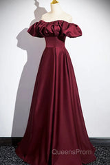 Wine Red Satin Off Shoulder Long Party Dress, Wine Red Satin Evening Prom Dress