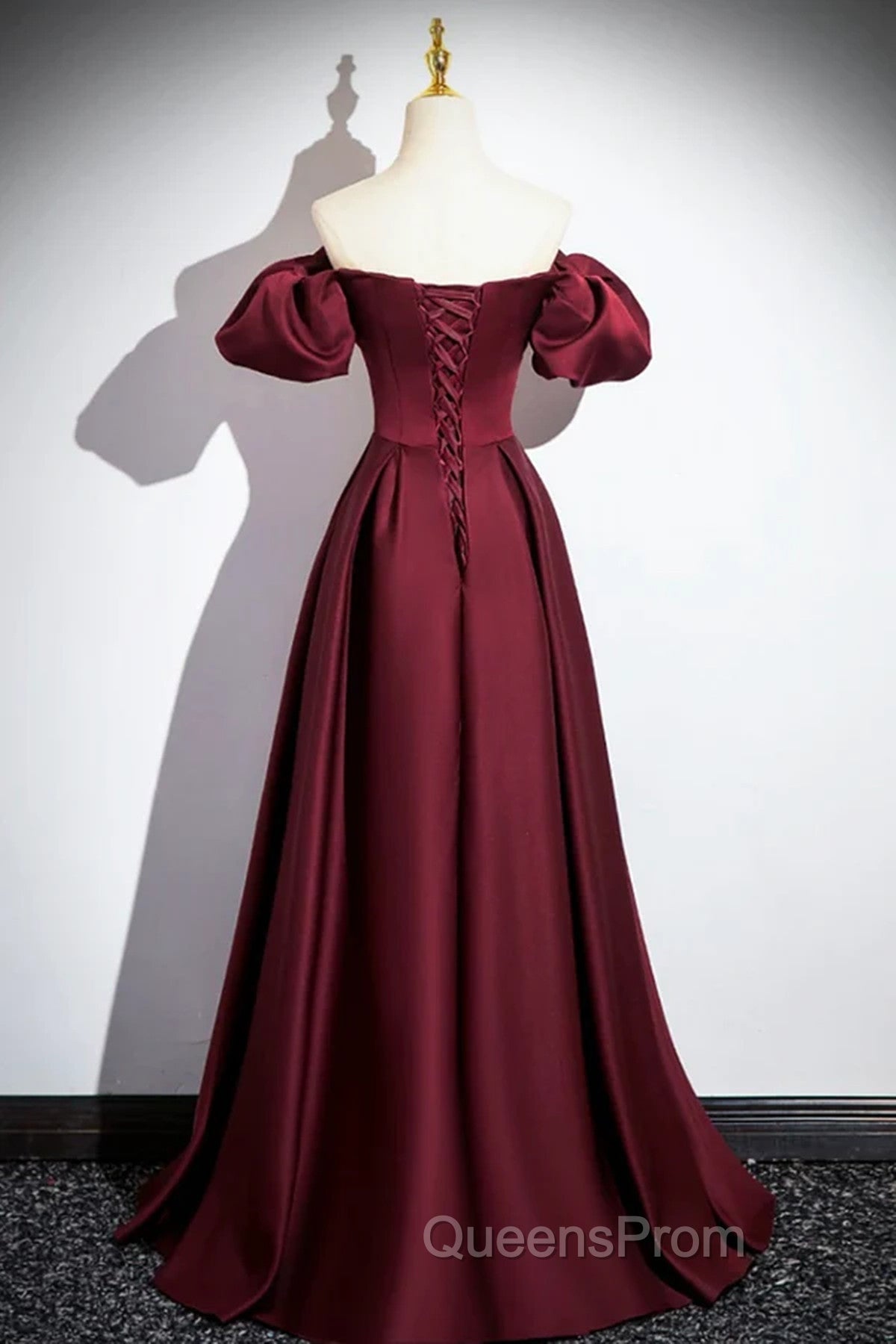 Wine Red Satin Off Shoulder Long Party Dress, Wine Red Satin Evening Prom Dress