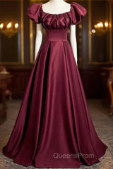 Wine Red Satin Off Shoulder Long Party Dress, Wine Red Satin Evening Prom Dress