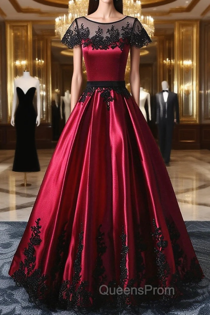 Wine Red Satin Round Neckline With Black Lace Party Dress, Wine Red Evening Prom Dress