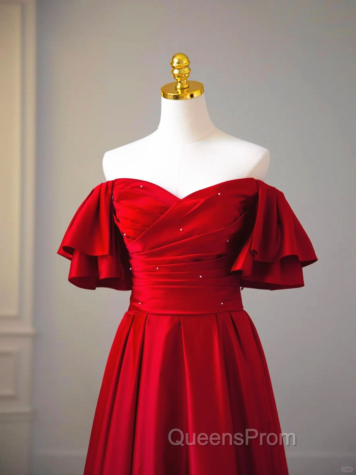 Wine Red Satin Short Sleeves Long Party Dress, Wine Red Satin Evening Prom Dress Secondary image