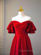 Wine Red Satin Short Sleeves Long Party Dress, Wine Red Satin Evening Prom Dress