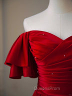 Wine Red Satin Short Sleeves Long Party Dress, Wine Red Satin Evening Prom Dress
