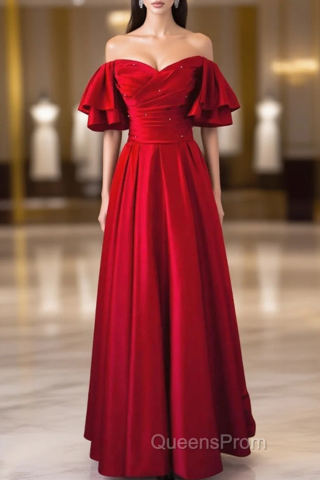 Wine Red Satin Short Sleeves Long Party Dress, Wine Red Satin Evening Prom Dress Main image