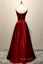 Wine Red Satin Straps Beaded Long Party Dress, Wine Red A-Line Evening Prom Dress