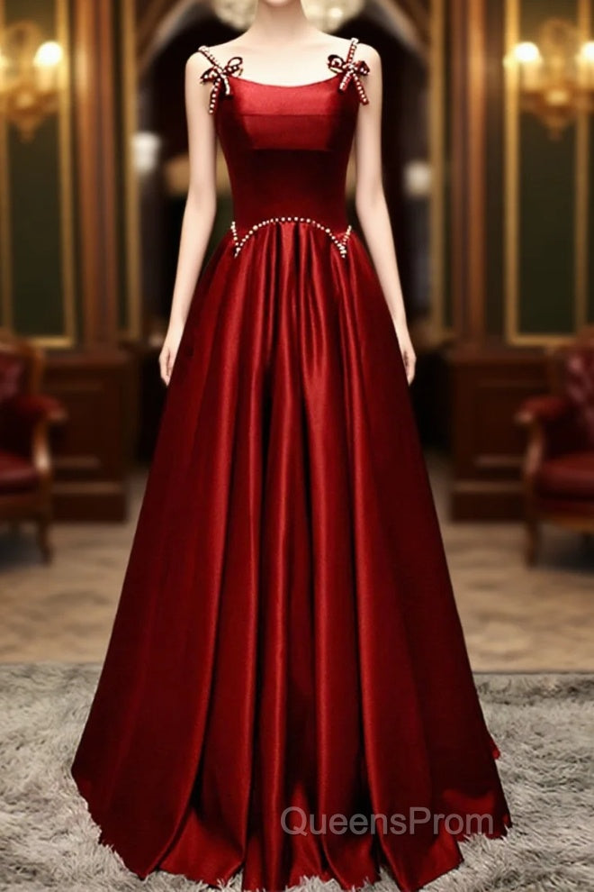 Wine Red Satin Straps Beaded Long Party Dress, Wine Red A-Line Evening Prom Dress Main image