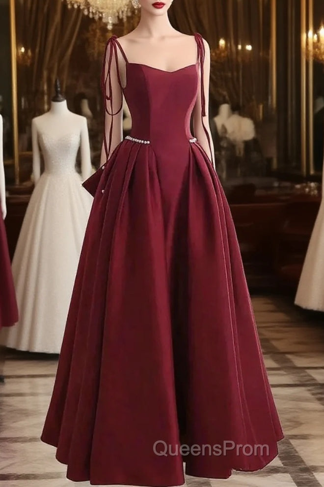 Wine Red Satin Straps Long Party Dress, Wine Red Floor Length Formal Dress Evening Prom Dress Main image