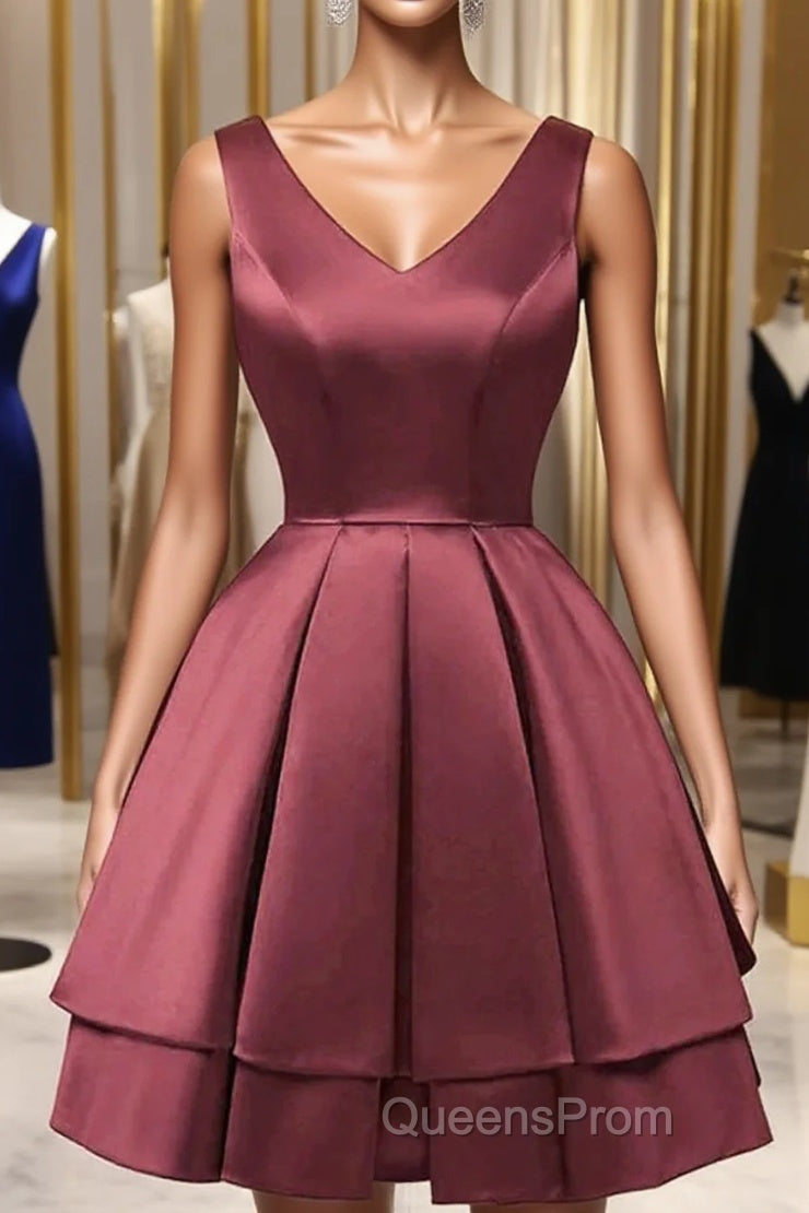 Wine Red Satin V-Neckline Short Party Dress, Wine Red Homecoming Dress Main image