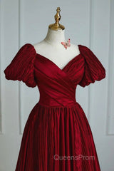 Wine Red Satin V-Neckline Short Sleeves Evening Prom Dress, Wine Red Long Party Dress