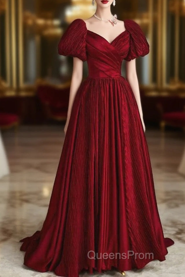 Wine Red Satin V-Neckline Short Sleeves Evening Prom Dress, Wine Red Long Party Dress Main image