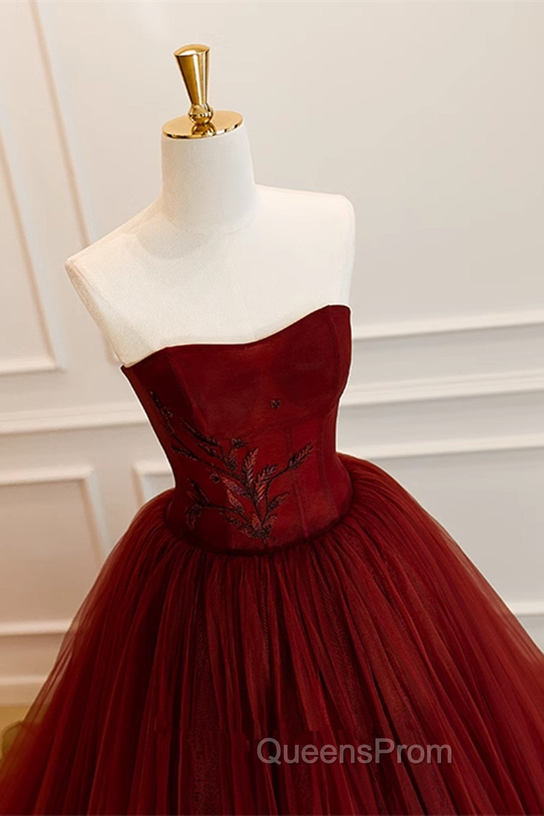 Wine Red Scoop Sweetheart Tulle Ball Gown Evening Prom Dress, Wine Red Tulle Evening Dress Secondary image