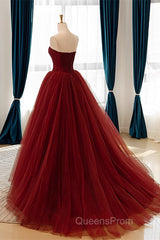 Wine Red Scoop Sweetheart Tulle Ball Gown Evening Prom Dress, Wine Red Tulle Evening Dress