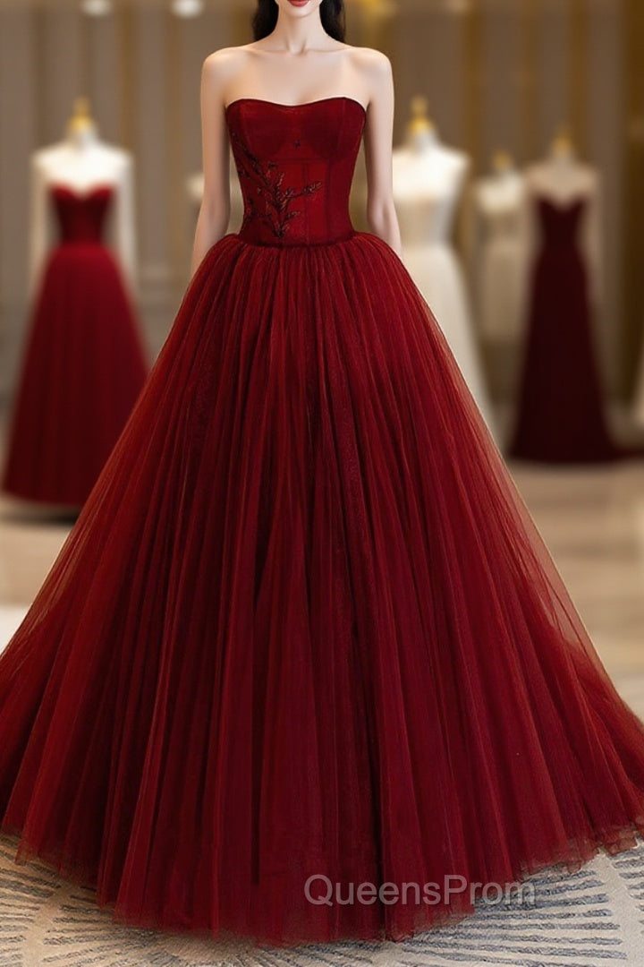 Wine Red Scoop Sweetheart Tulle Ball Gown Evening Prom Dress, Wine Red Tulle Evening Dress Main image