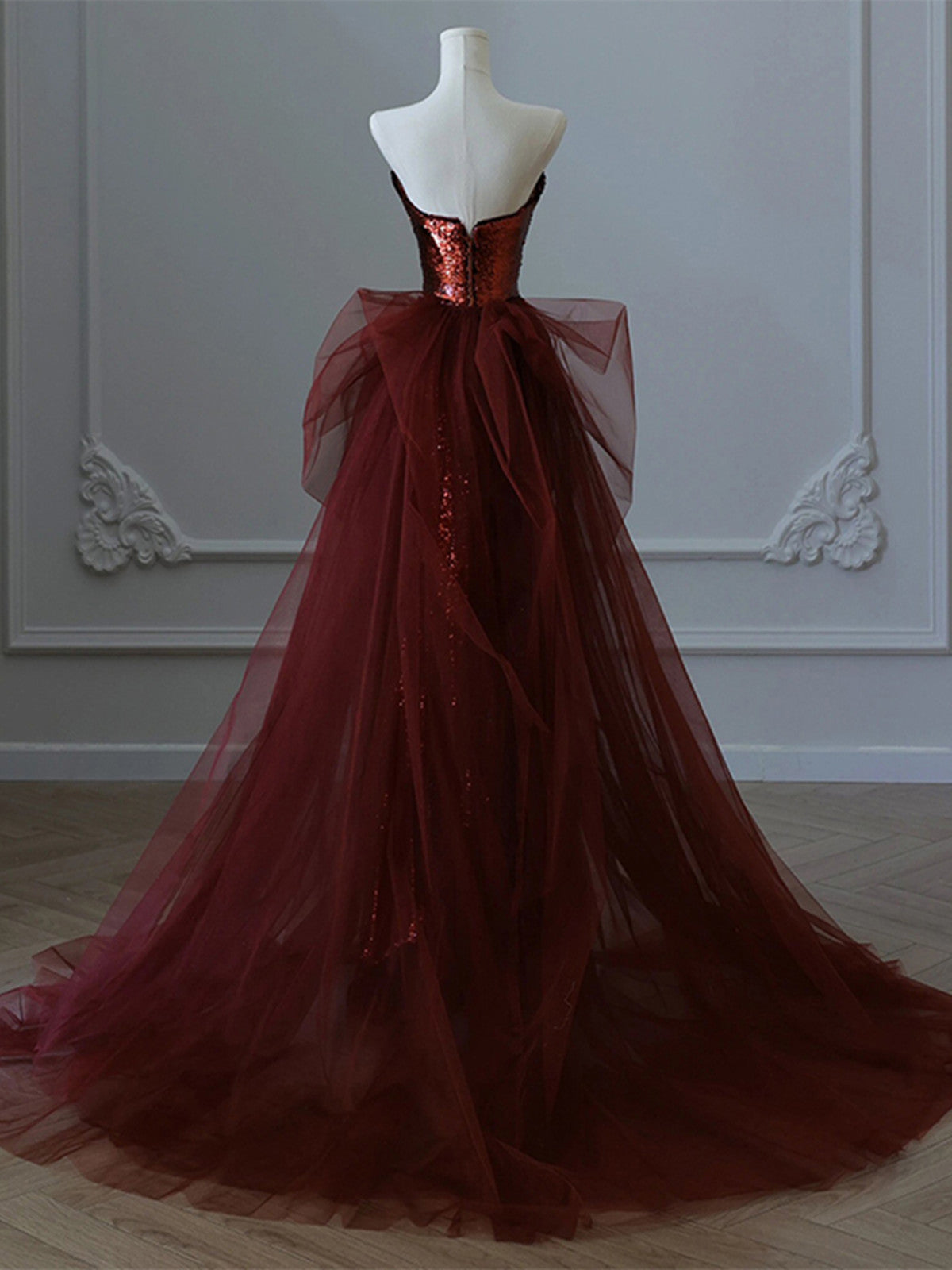 Wine Red Sequins And Tulle Beaded Long Party Dress, Wine Red Classy Evening Dress